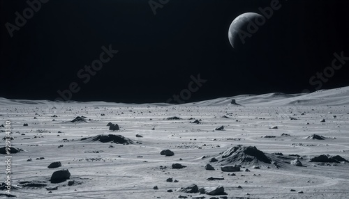 desolate lunar landscape with scattered meteorites and rugged craters earth seen far off as a tiny blue dot moon s textured surface sharply contrasting with the dark sky