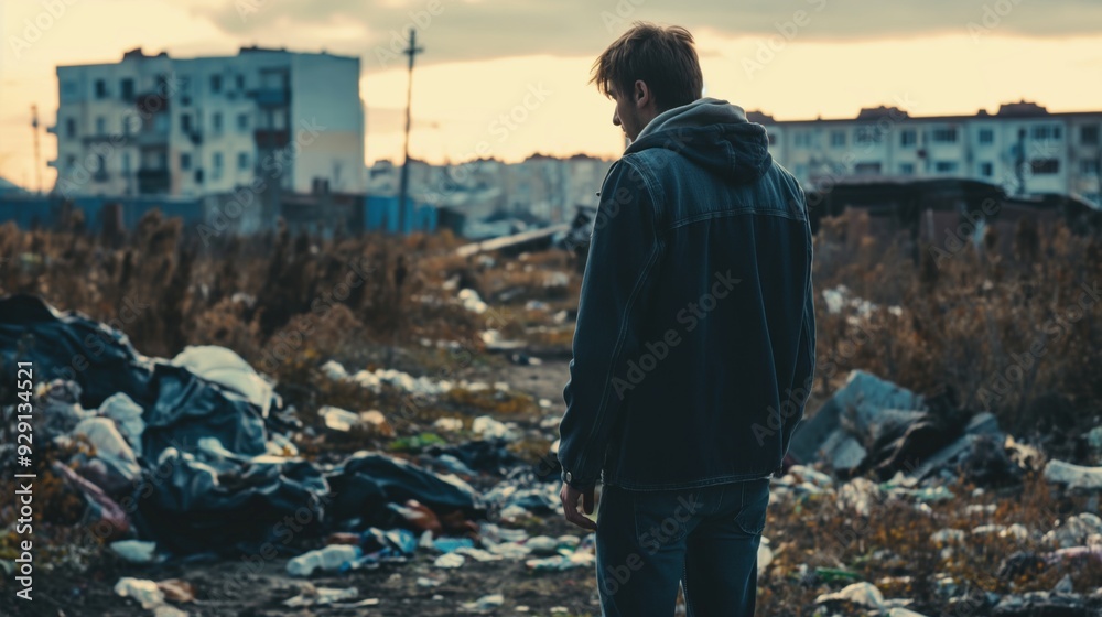 A man gazes into the distance amidst a landscape of neglect, with piles of garbage and fading buildings silhouetted against a cloudy sunset A man gazes into the distance amidst a landscape of neglect, with piles of garbage and fading buildings silhouetted against a cloudy sunset