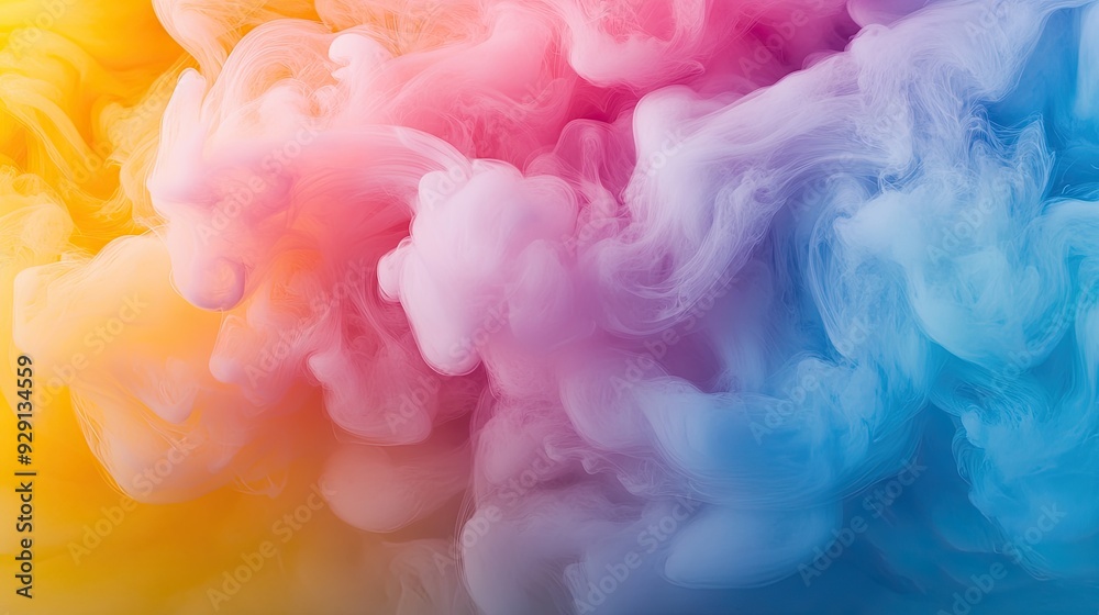 Obraz premium Vibrant swirl of colorful smoke blending in beautiful shades of pink, blue, and yellow for artistic backgrounds and designs.