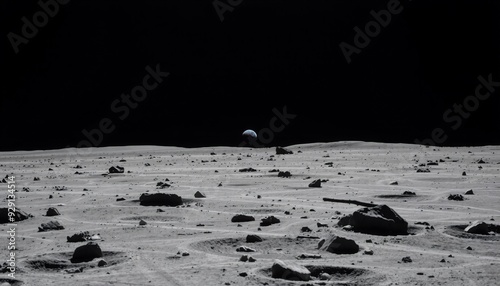 Fototapeta Naklejka Na Ścianę i Meble -  gray cratered moon surface with distant earth as a faint blue dot rugged lunar terrain with scattered rocks and shadows creating a striking contrast with the distant planet