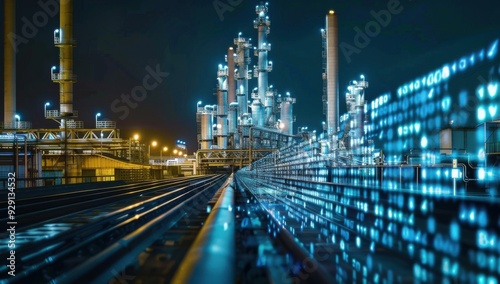 Industrial Facility with Binary Code at Night