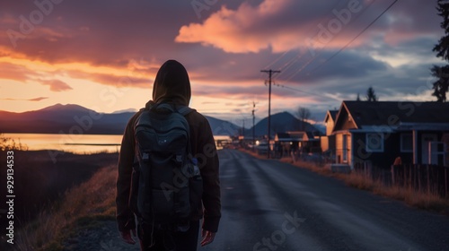 A traveler with a backpack strolls down a quiet road at sunset, surrounded by mountains and calm waters, enjoying the vibrant colors of the sky photo