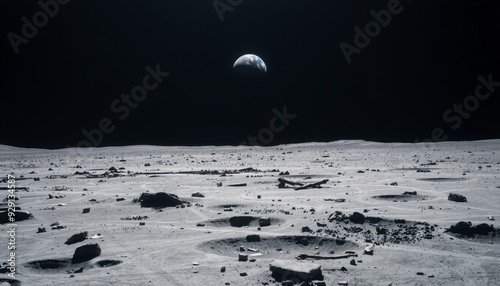 vast desolate moon surface with jagged craters and scattered debris earth hanging far above as a small blue dot stark contrasts between the moons rough texture and the dist