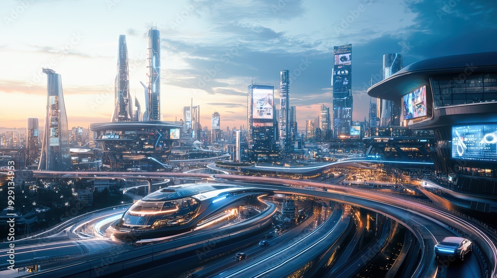 Fototapeta premium Futuristic smart city skyline at dusk with advanced architecture, autonomous vehicles, and digital billboards, showcasing a vision of advanced urban living.