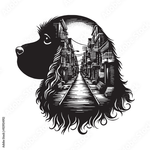 silhouette of Cavalier Spaniel, filled with ghetto street in rough drawing,
