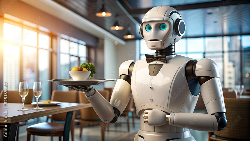 Automated Elegance. In a modern restaurant, a humanoid robot with a bow tie serves a glass of wine, seamlessly blending technology and hospitality. Automated Elegance. In a modern restaurant, a humanoid robot with a bow tie serves a glass of wine, seamlessly blending technology and hospitality.