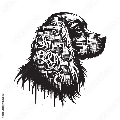 silhouette of Cavalier Spaniel, filled with graffiti street wall in rough drawing,