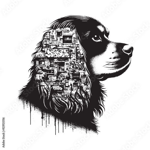 silhouette of Cavalier Spaniel, filled with graffiti street wall in rough drawing,