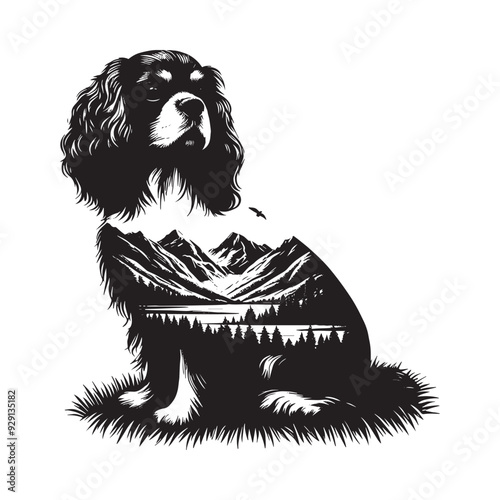 silhouette of Cavalier Spaniel, filled with mountain and nature view in rough drawing,