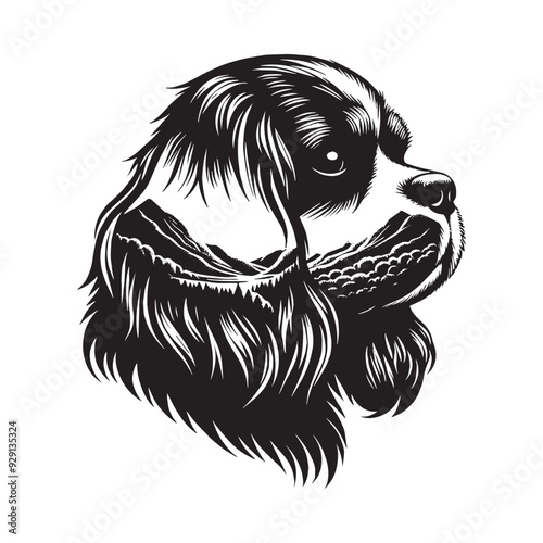 silhouette of Cavalier Spaniel, filled with mountain and nature view in rough drawing,