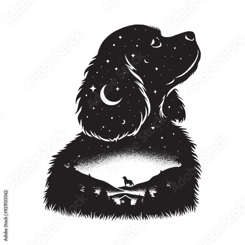 silhouette of Cavalier Spaniel, filled with nature night view in rough drawing,