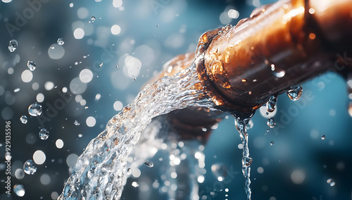 Close-up of water flowing from a copper pipe, creating beautiful splashes and bubbles against a blurred background.