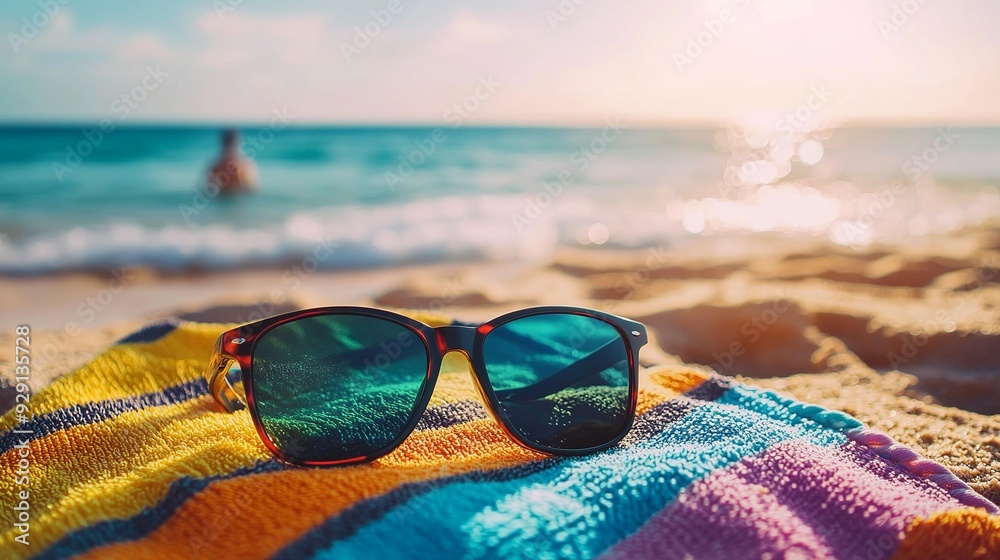 A pair of male sunglasses, wrist watch on a striped colorful towel in the sand. The ocean with a swimming guy in the background. High resolution. High contrast. In focus. A pair of male sunglasses, wrist watch on a striped colorful towel in the sand. The ocean with a swimming guy in the background. High resolution. High contrast. In focus.