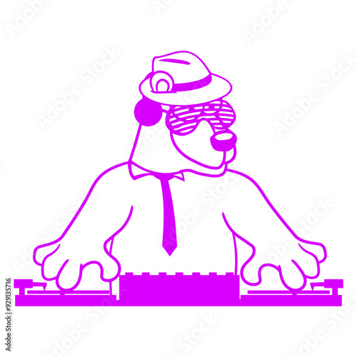 Funny Music DJ Grizzly Brown Bear Wearing Stylish Tie Hat Clothes Mixing Console Headphone Sunglasses Party Night Dancing Clubber Rave Comic Humor Cartoon Cool Fun Disco Club Festival Concert Lover