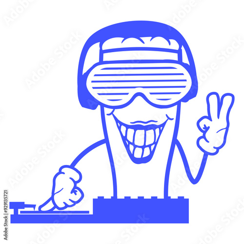 Funny Music DJ Beer Drink Glass Alcohol Booze Face Victory Hand Sign Mixing Console Headphone Sunglasses Party Night Dancing Clubber Rave Comic Humor Cartoon Cool Fun Disco Club Festival Concert Lover