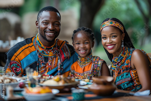 Happy african family celebrates their heritage with a festive meal, dressed in colorful traditional clothing, showcasing their culture with pride and unity photo