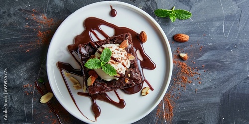 Vanilla ice cream topped chocolate brownie garnished with almond nuts and fresh mint leaves displayed on a white plate with ample space for text viewed from above and the side