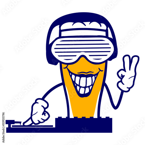 Funny Music DJ Beer Drink Glass Alcohol Booze Face Victory Hand Sign Mixing Console Headphone Sunglasses Party Night Dancing Clubber Rave Comic Humor Cartoon Cool Fun Disco Club Festival Concert Lover