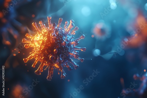 A close-up view of a virus, showcasing its structure and details in vibrant colors.