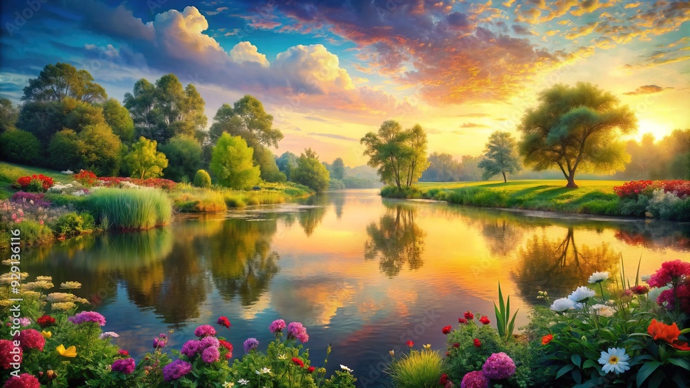 Softly blurred watercolor painting depicting a serene natural landscape with lush greenery, vibrant flowers, and tranquil water reflections under a warm sunny sky.