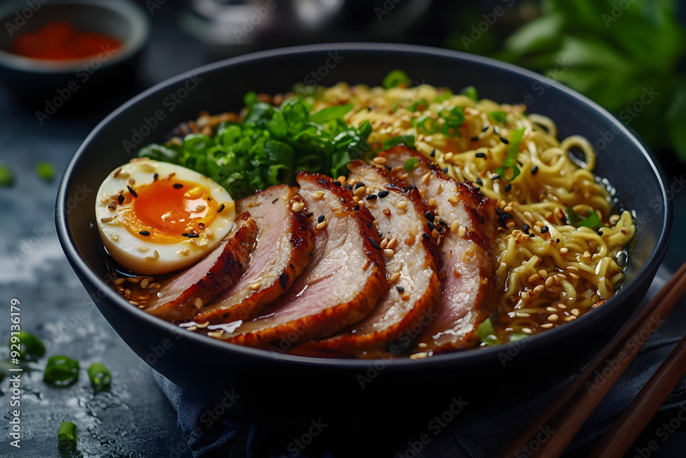 Delicious bowl of ramen with tender pork, soft egg, and fresh herbs, perfect for a comforting meal any time of the day. Delicious bowl of ramen with tender pork, soft egg, and fresh herbs, perfect for a comforting meal any time of the day.