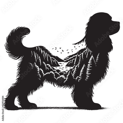 silhouette of Cavalier Spaniel, filled with nature view in rough drawing,
