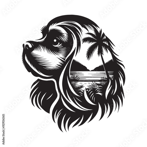silhouette of Cavalier Spaniel, filled with ocean beach view with palm tree in rough drawing,