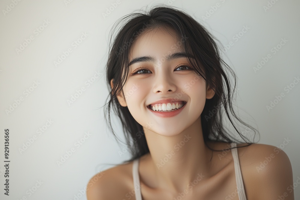 Beautiful young Asian woman smiling and happy created with Generative AI Beautiful young Asian woman smiling and happy created with Generative AI