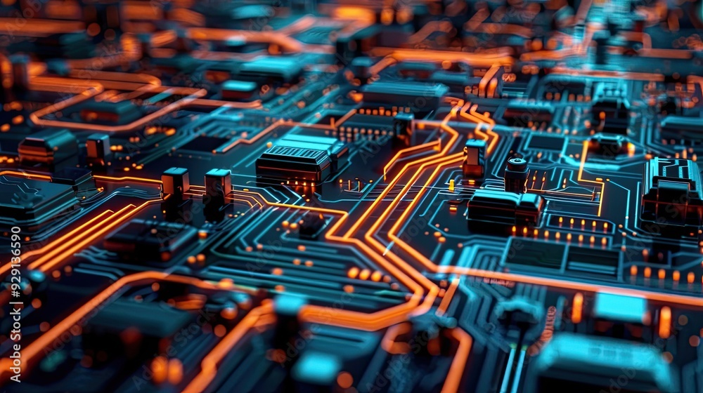 Circuit Board with Glowing Lines