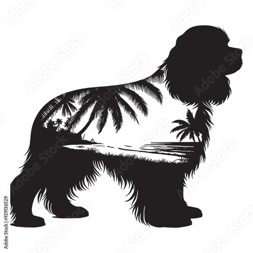 silhouette of Cavalier Spaniel, filled with ocean beach view with palm tree in rough drawing,