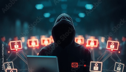 faceless person in a black hoodie encircled by a glowing array of tech gadgets shadowy blurred background enhancing the theme of digital security and account management photo