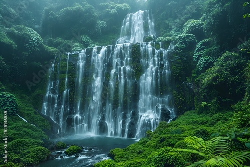 Majestic Waterfall Surrounded by Lush Green Rainforest Landscape