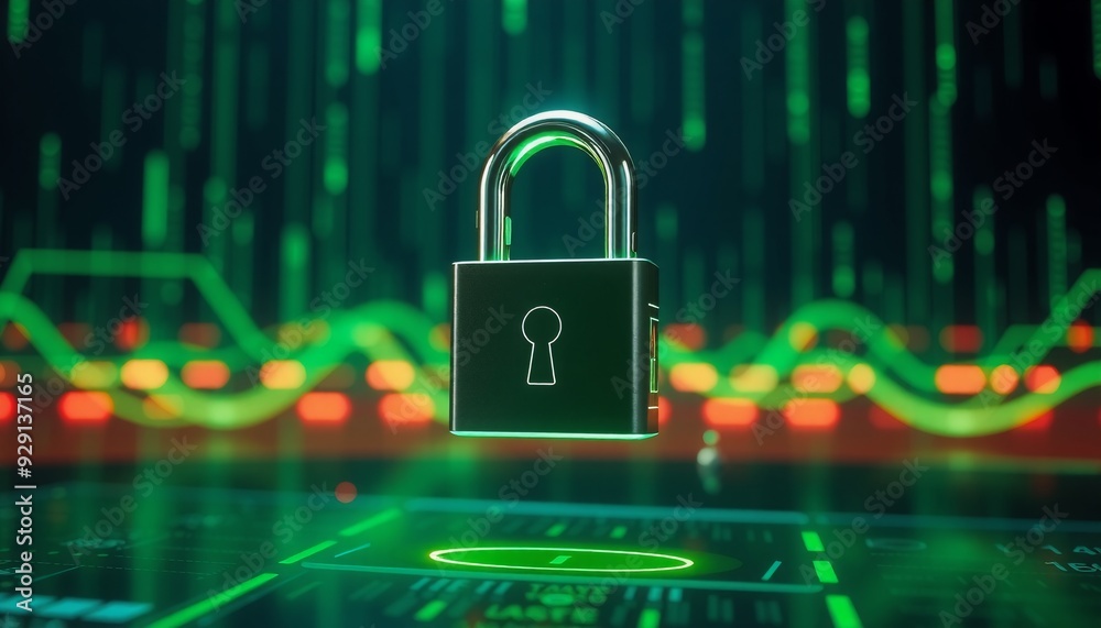 futuristic interface with a prominent digital padlock secured in place dark background with glowing green data streams symbolizing advanced protection and the constant threat futuristic interface with a prominent digital padlock secured in place dark background with glowing green data streams symbolizing advanced protection and the constant threat