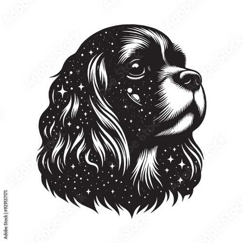 silhouette of Cavalier Spaniel, filled with space and sci-fi element in rough drawing,