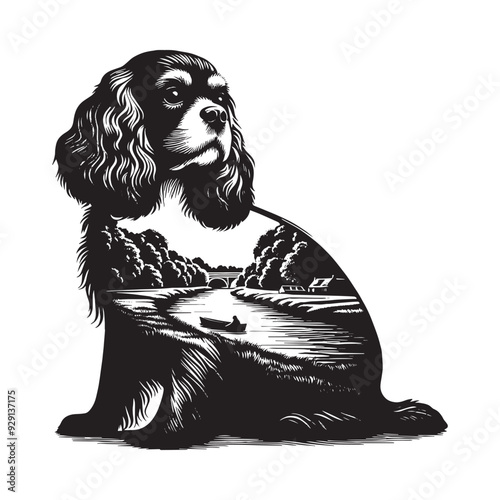 silhouette of Cavalier Spaniel, filled with river view in rough drawing,