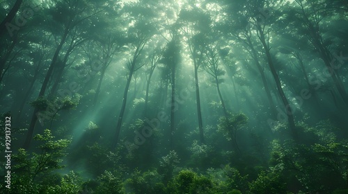 Moody,Mist-Covered Forest with Towering Trees and Soft Sunlight Filtering Through