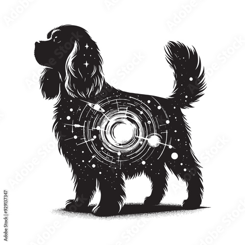 silhouette of Cavalier Spaniel, filled with space and sci-fi element in rough drawing,