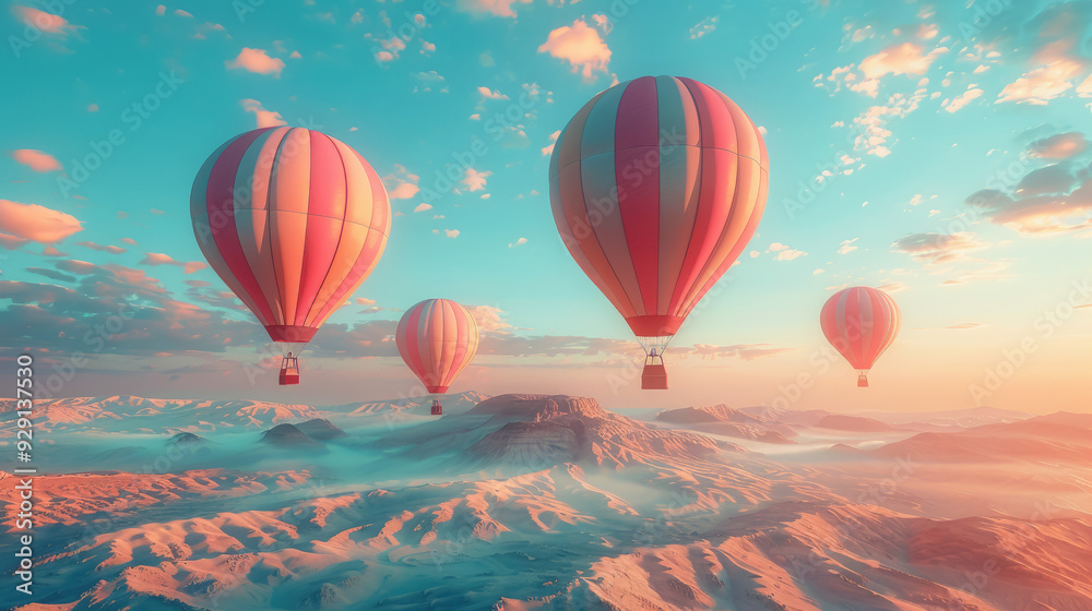 Fototapeta premium pink hot air balloons in the sky over the mountains, aeronautics, air transport, fabulous landscape, beauty, nature, flight, basket, movement, fantasy, dream, travel, vacation