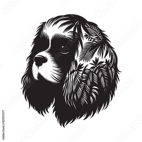 silhouette of Cavalier Spaniel, filled with tropical plant in the jungle in rough drawing,