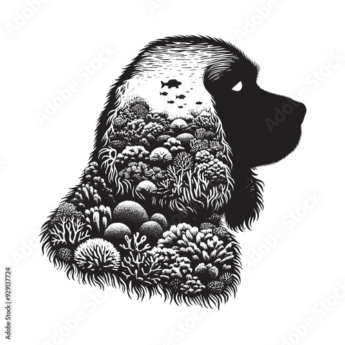 silhouette of Cavalier Spaniel, filled with underwater view with coral in rough drawing,