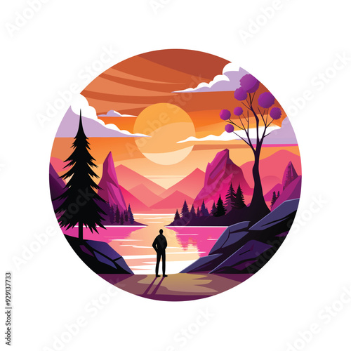 A vibrant sunset scene with trees silhouetted against a backdrop of distant mountains. t shirt design concept.