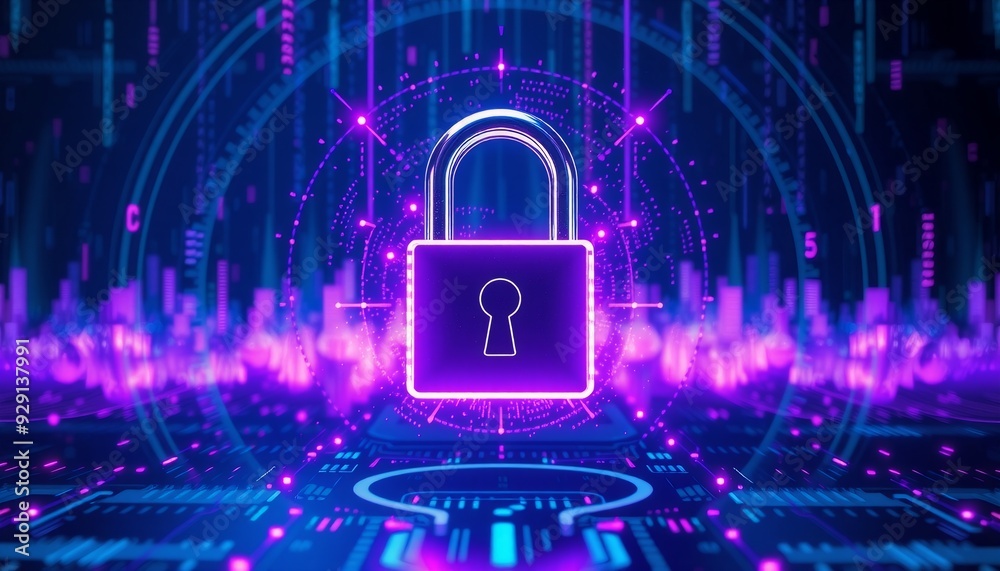futuristic interface with a prominent digital padlock surrounded by glowing purple and dark blue data patterns signifying strong cybersecurity measures against data breaches futuristic interface with a prominent digital padlock surrounded by glowing purple and dark blue data patterns signifying strong cybersecurity measures against data breaches