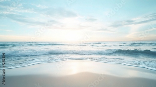 Serene Sunrise Seascape: Tranquil ocean waves gently caress the sandy shore as the sun ascends, casting a warm glow on the idyllic beach scene. 