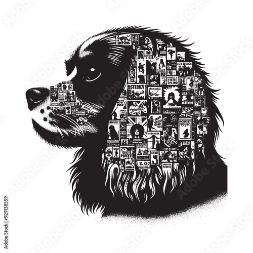 silhouette of Cavalier Spaniel, filled with vintage punk's poster collage wall in rough drawing,