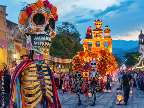 Festive Day of the Dead parade with colorful catrina costumes and marigold adornments in a vibrant mexican town square