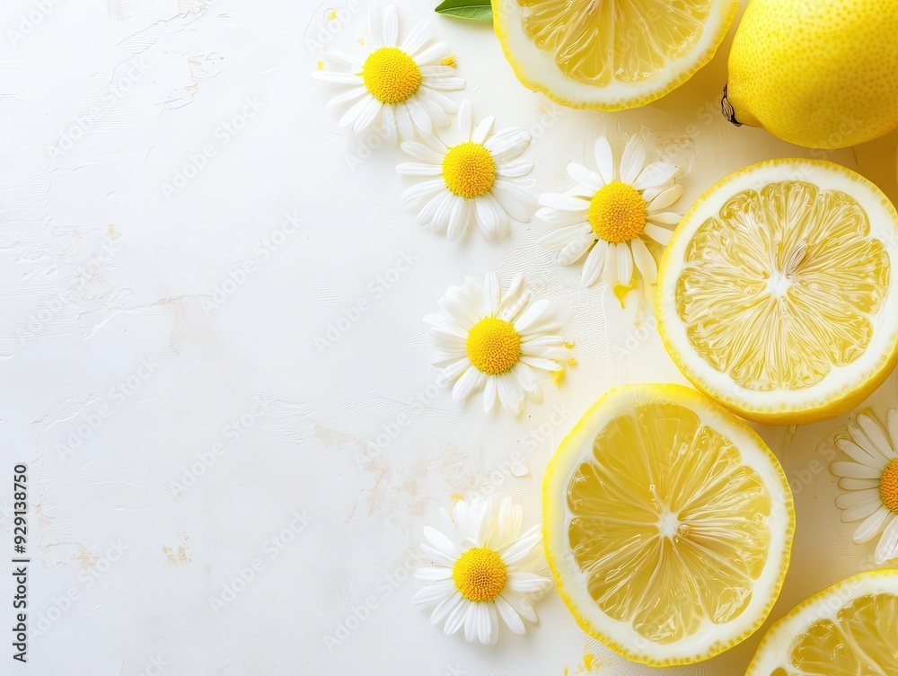 Fresh lemon slices with daisy flowers, vibrant and bright composition, perfect for summer themes, ample copy space, Fresh lemon slices with daisy flowers, vibrant and bright composition, perfect for summer themes, ample copy space,
