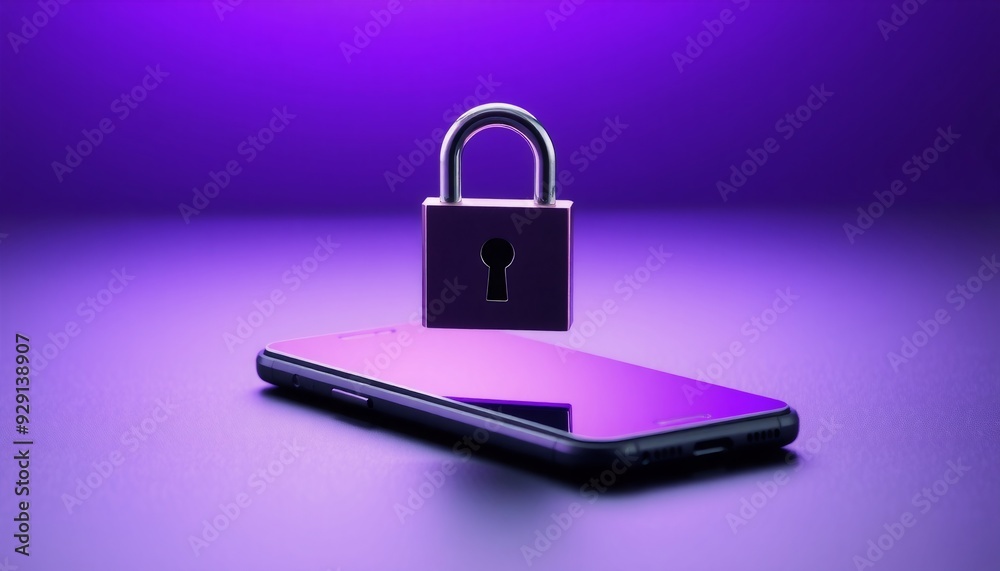 smartphone on a smooth black surface a bold padlock icon floating above with a gradient purple backdrop highlighting high-tech security and encryption smartphone on a smooth black surface a bold padlock icon floating above with a gradient purple backdrop highlighting high-tech security and encryption