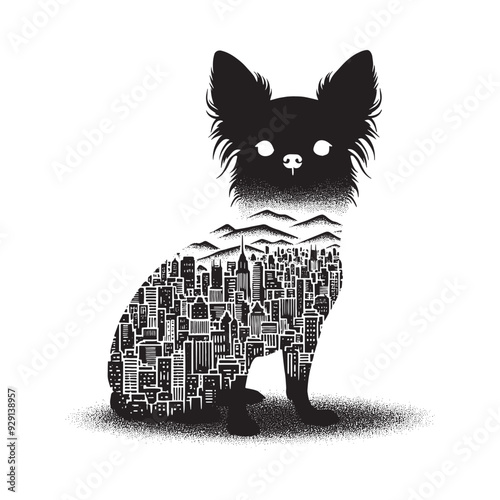 silhouette of chihuahua, filled with cityline in rough drawing,