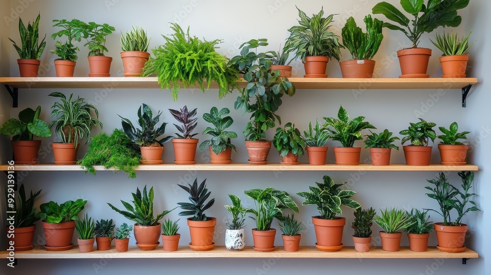 Various plants in terracotta pots are arranged neatly on wooden shelves in a bright indoor space Various plants in terracotta pots are arranged neatly on wooden shelves in a bright indoor space