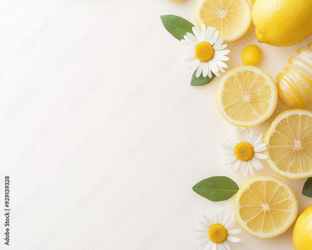 An elegant arrangement of lemons and daisies, featuring a minimalist style and fresh colors, provides ample space for branding elements. An elegant arrangement of lemons and daisies, featuring a minimalist style and fresh colors, provides ample space for branding elements.